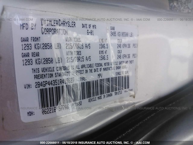 2B4GP44351R419827 - 2001 DODGE GRAND CARAVAN SPORT SILVER photo 9