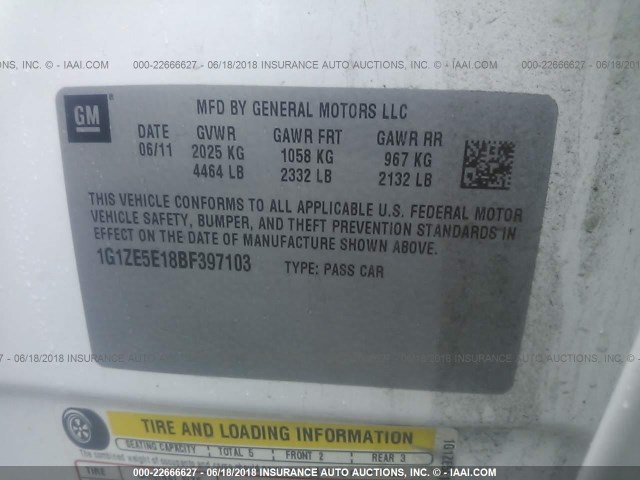 1G1ZE5E18BF397103 - 2011 CHEVROLET MALIBU LTZ WHITE photo 9