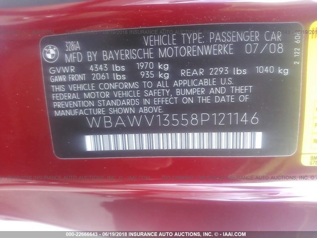 WBAWV13558P121146 - 2008 BMW 328 I SULEV RED photo 9