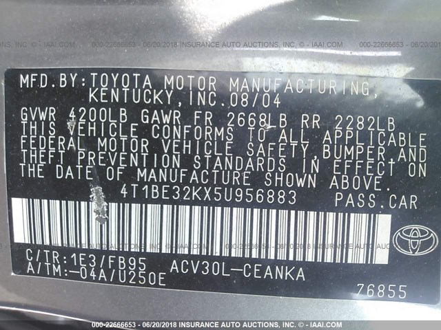 4T1BE32KX5U956883 - 2005 TOYOTA CAMRY LE/XLE/SE Boz foto 9