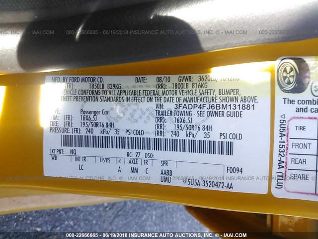 3FADP4FJ6BM131881 - 2011 FORD FIESTA SES YELLOW photo 9