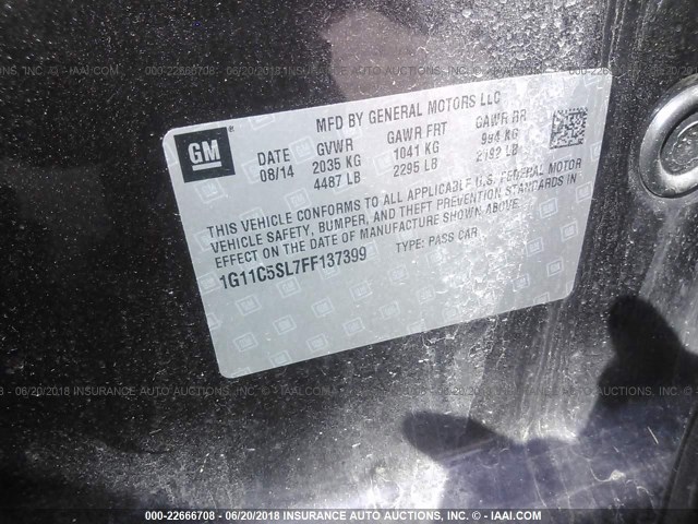 1G11C5SL7FF137399 - 2015 CHEVROLET MALIBU 1LT 紫色 照片 9