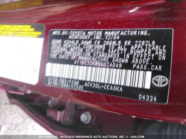 4T1BE32K85U024049 - 2005 TOYOTA CAMRY LE/XLE/SE 红色 照片 9