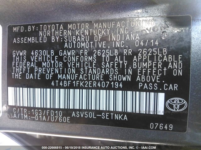 4T4BF1FK2ER407194 - 2014 TOYOTA CAMRY L/SE/LE/XLE Boz foto 9