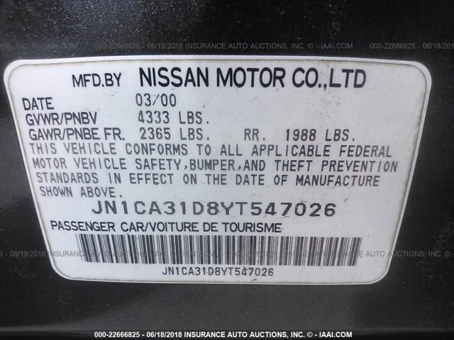 JN1CA31D8YT547026 - 2000 NISSAN MAXIMA GLE/GXE/SE GRAY photo 9