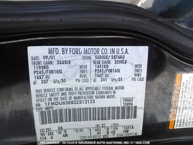 1FMDU65E82ZB12133 - 2002 FORD EXPLORER LIMITED 黑色 照片 9