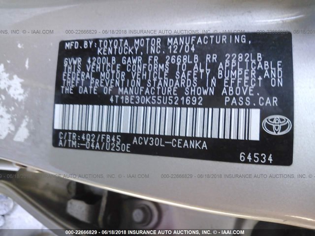 4T1BE30K55U521692 - 2005 TOYOTA CAMRY LE/XLE/SE Қоңыр фото 9