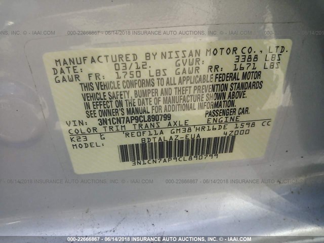 3N1CN7AP9CL890799 - 2012 NISSAN VERSA S/SV/SL SILVER photo 9