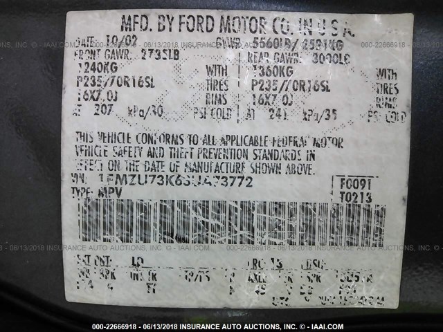 1FMZU73K63UA73772 - 2003 FORD EXPLORER XLT/XLT SPORT/NBX BLUE photo 9