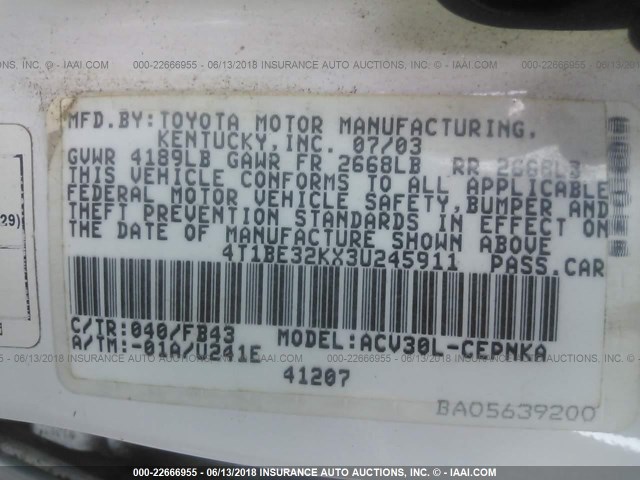 4T1BE32KX3U245911 - 2003 TOYOTA CAMRY LE/XLE/SE თეთრი ფოტო 9