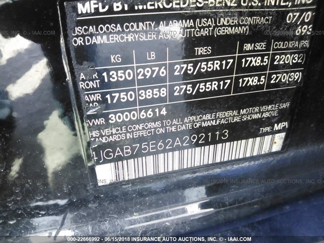 4JGAB75E62A292113 - 2002 MERCEDES-BENZ ML 500 BLACK photo 9