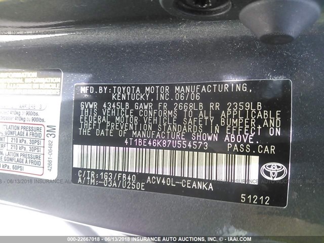 4T1BE46K87U554573 - 2007 TOYOTA CAMRY NEW GENERAT CE/LE/XLE/SE GRAY photo 9
