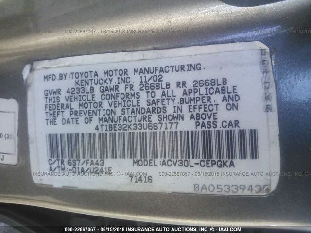 4T1BE32K33U667177 - 2003 TOYOTA CAMRY LE/XLE/SE Boz foto 9