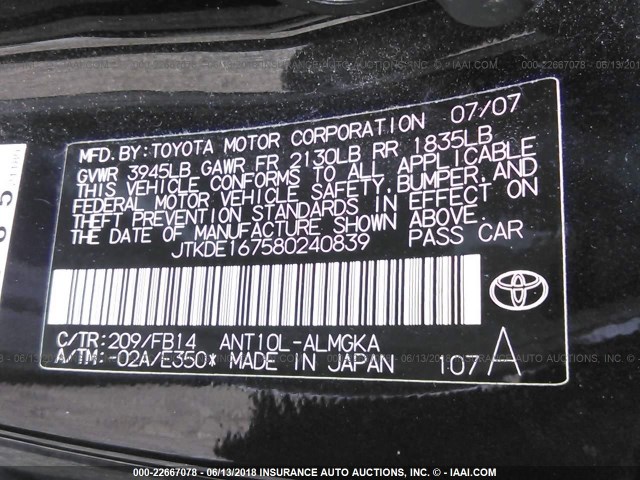 JTKDE167580240839 - 2008 TOYOTA SCION TC 黑色 照片 9