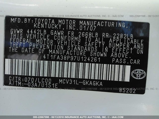 4T1FA38P97U124261 - 2007 TOYOTA CAMRY SOLARA SE/SLE თეთრი ფოტო 9