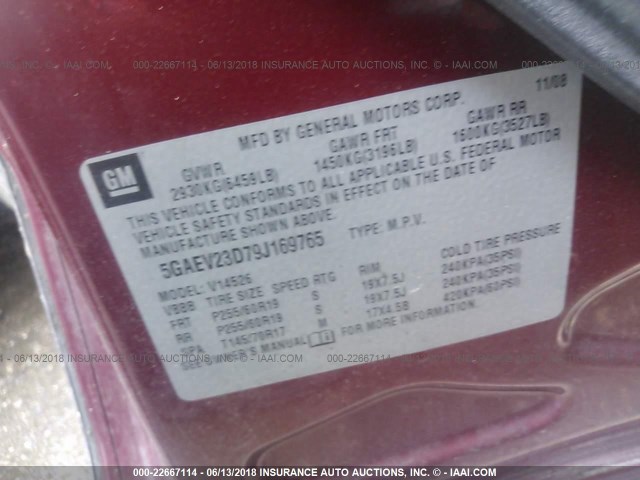 5GAEV23D79J169765 - 2009 BUICK ENCLAVE CXL Rouge photo 9