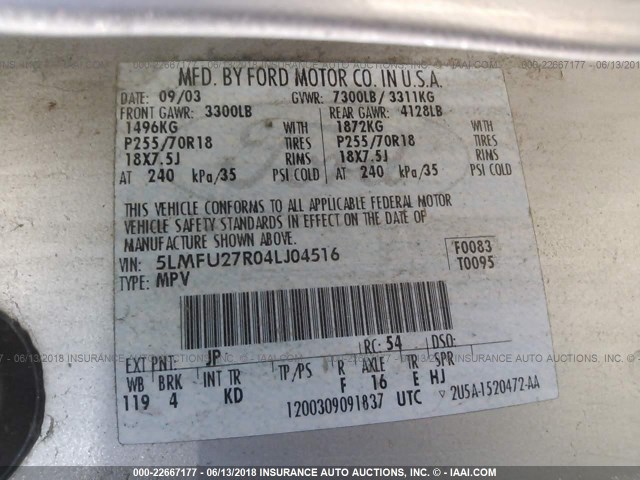 5LMFU27R04LJ04516 - 2004 LINCOLN NAVIGATOR GRAY photo 9