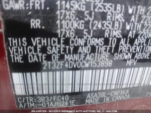 2T3ZF4DV0CW153898 - 2012 TOYOTA RAV4 RED photo 9