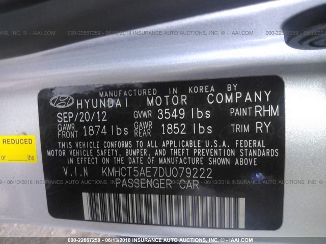 KMHCT5AE7DU079222 - 2013 HYUNDAI ACCENT GLS/GS SILVER photo 9