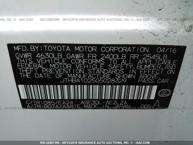 JTHBA1D25G5028329 - 2016 LEXUS IS 200T WHITE photo 9