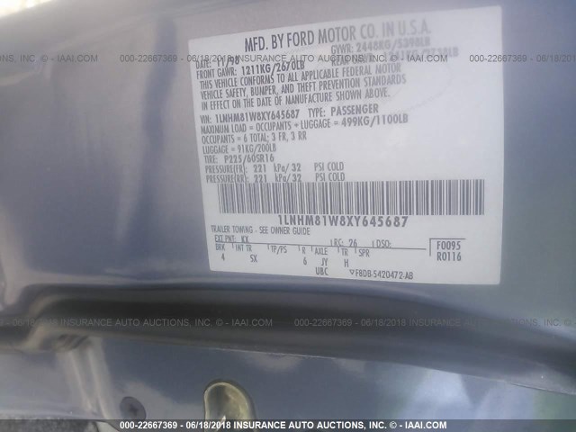 1LNHM81W8XY645687 - 1999 LINCOLN TOWN CAR EXECUTIVE Светло-синий фото 9