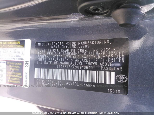 4T1BE46KX9U410610 - 2009 TOYOTA CAMRY SE/LE/XLE 灰色 照片 9