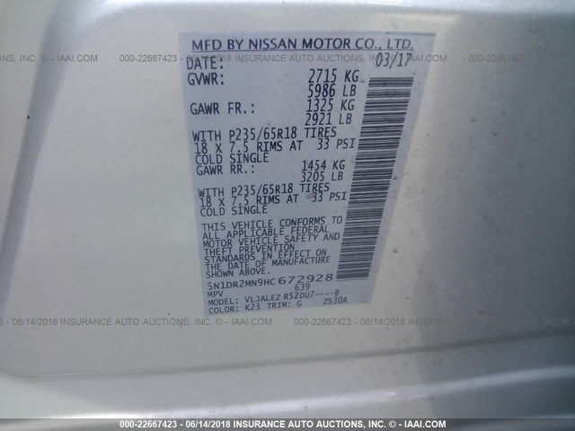 5N1DR2MN9HC672928 - 2017 NISSAN PATHFINDER S/SV/SL/PLATINUM 银色 照片 9