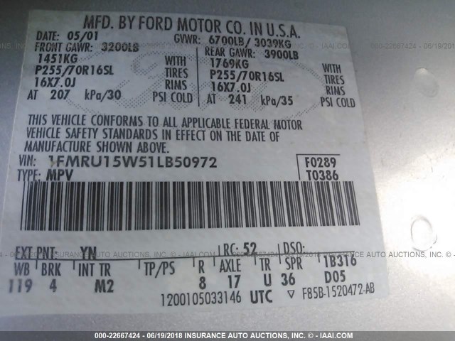 1FMRU15W51LB50972 - 2001 FORD EXPEDITION XLT 银色 照片 9