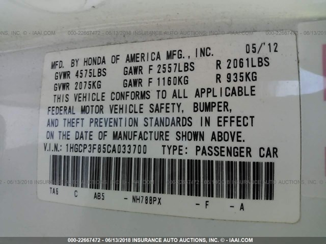 1HGCP3F85CA033700 - 2012 HONDA ACCORD EXL WHITE photo 9