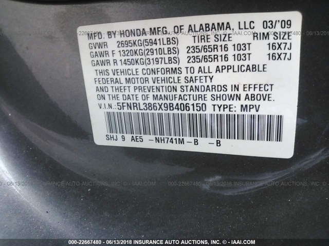 5FNRL386X9B406150 - 2009 HONDA ODYSSEY EXL ნაცრისფერი ფოტო 9