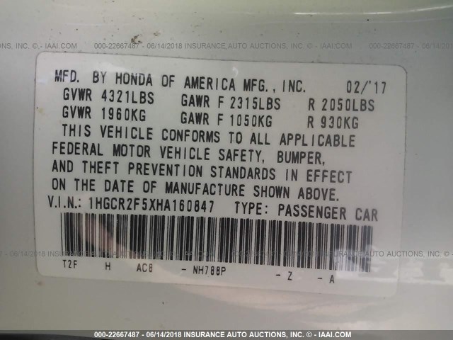1HGCR2F5XHA160847 - 2017 HONDA ACCORD SPORT 白色 照片 9
