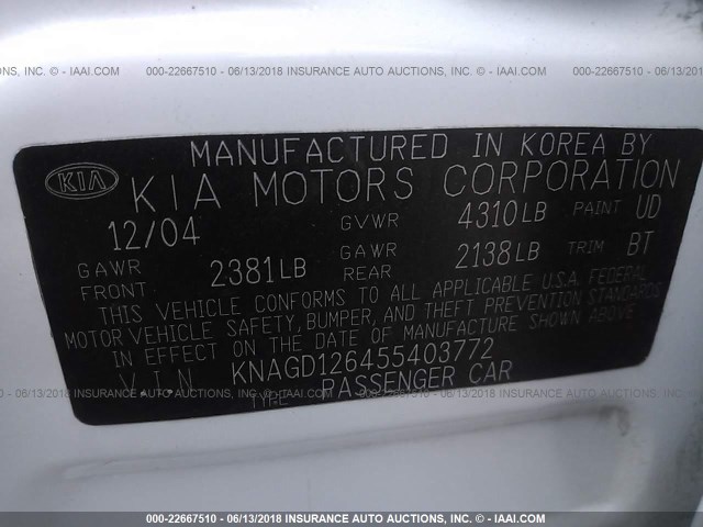 KNAGD126455403772 - 2005 KIA OPTIMA LX/EX WHITE photo 9