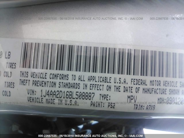 1J4AA2D16BL508887 - 2011 JEEP WRANGLER SPORT ვერცხლისფერი ფოტო 9