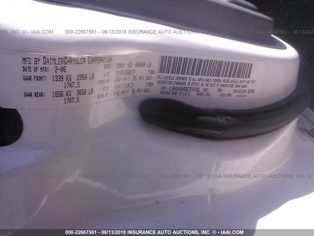 1J8HG48N66C274762 - 2006 JEEP COMMANDER WHITE photo 9