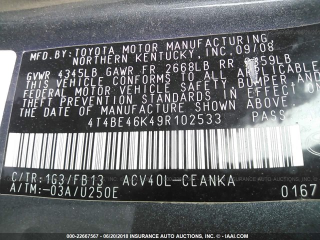 4T4BE46K49R102533 - 2009 TOYOTA CAMRY SE/LE/XLE ნაცრისფერი ფოტო 9