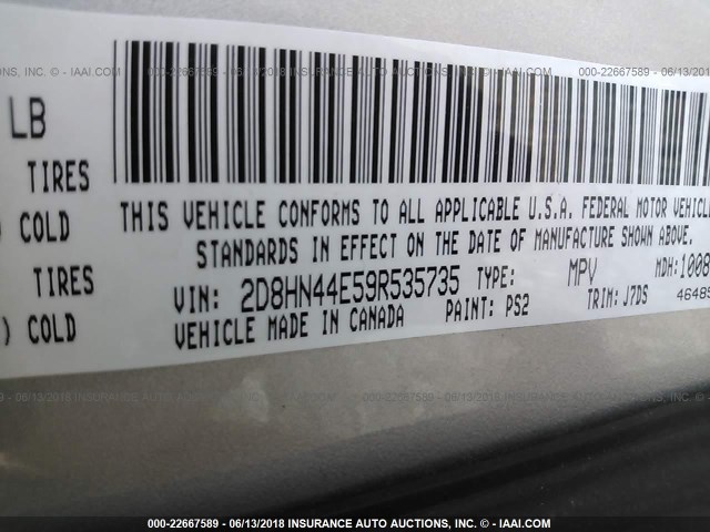 2D8HN44E59R535735 - 2009 DODGE GRAND CARAVAN SE SILVER photo 9