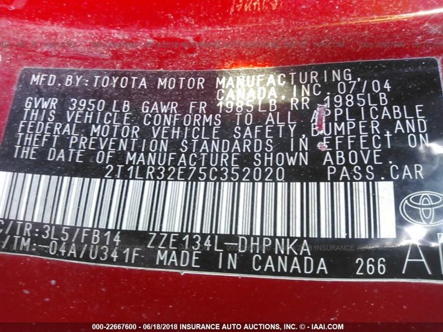 2T1LR32E75C352020 - 2005 TOYOTA COROLLA MATRIX XR RED photo 9