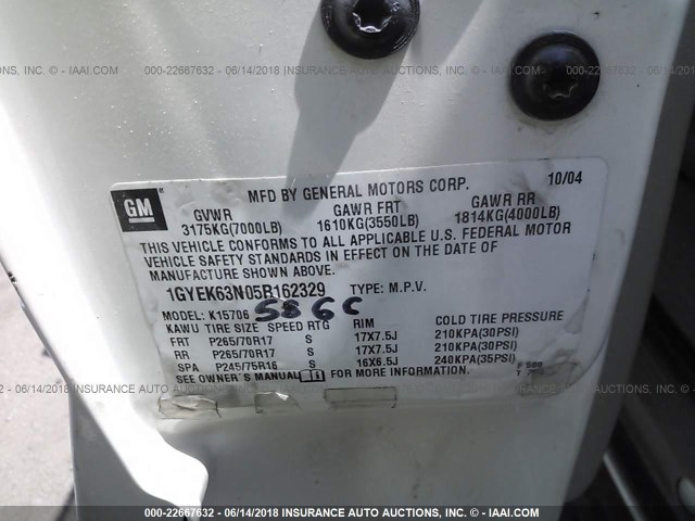 1GYEK63N05R162329 - 2005 CADILLAC ESCALADE LUXURY თეთრი ფოტო 9