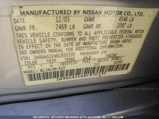 1N4BA41EX6C830330 - 2006 NISSAN MAXIMA SE/SL SILVER photo 9