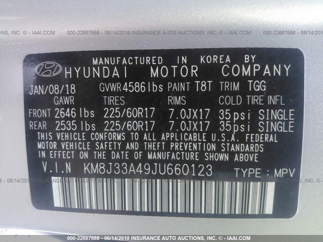 KM8J33A49JU660123 - 2018 HYUNDAI TUCSON LIMITED/SPORT AND ECO/SE SILVER photo 9