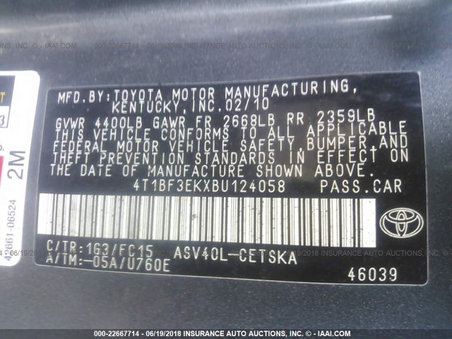 4T1BF3EKXBU124058 - 2011 TOYOTA CAMRY SE/LE/XLE GRAY photo 9