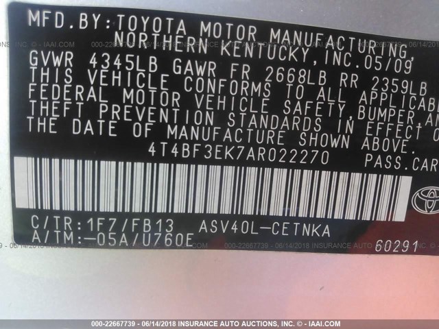 4T4BF3EK7AR022270 - 2010 TOYOTA CAMRY SE/LE/XLE SILVER photo 9