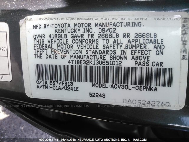 4T1BE32K13U651012 - 2003 TOYOTA CAMRY LE/XLE/SE 蓝色 照片 9