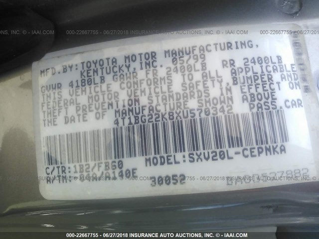 4T1BG22K8XU570342 - 1999 TOYOTA CAMRY CE/LE/XLE SILVER photo 9