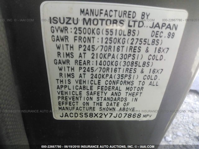 JACDS58X2Y7J07868 - 2000 ISUZU TROOPER S/LS/LIMITED 灰色 照片 9