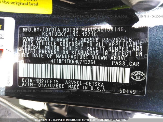 4T1BF1FK6HU713264 - 2017 TOYOTA CAMRY LE/XLE/SE/XSE BLUE photo 9