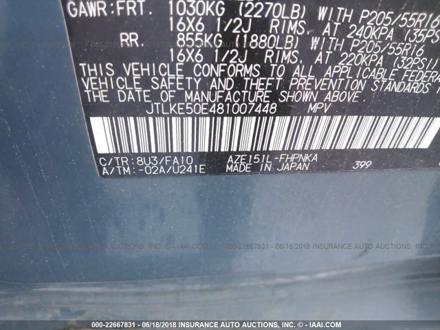 JTLKE50E481007448 - 2008 TOYOTA SCION XB Көк фото 9