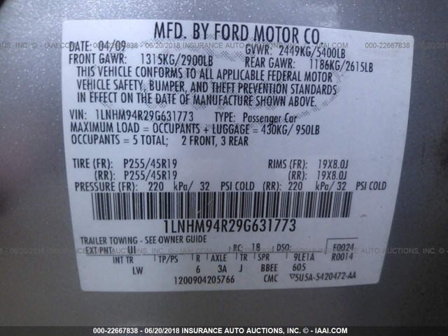 1LNHM94R29G631773 - 2009 LINCOLN MKS SILVER photo 9