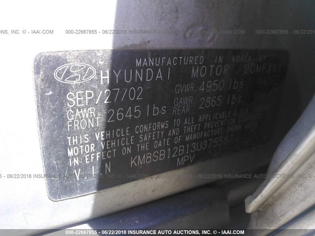 KM8SB12B13U375587 - 2003 HYUNDAI SANTA FE GL GRAY photo 9