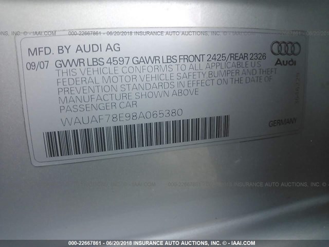 WAUAF78E98A065380 - 2008 AUDI A4 2.0T GRAY photo 9